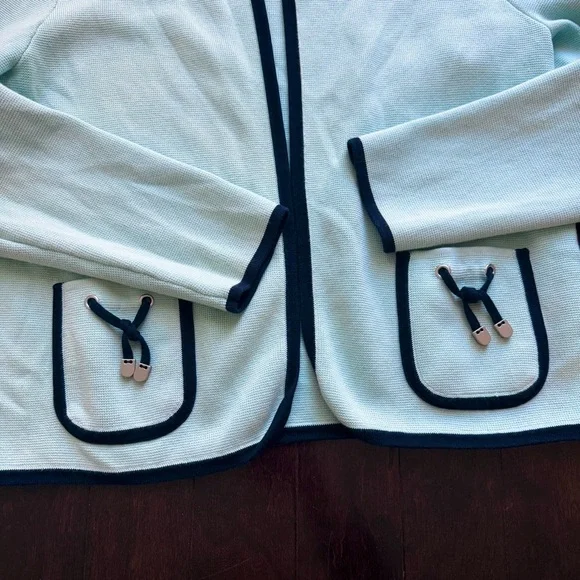 Talbots Petite Light Blue Navy Trim Knit Sweater Open Front Cardigan Size Lp - Picture 2 of 5